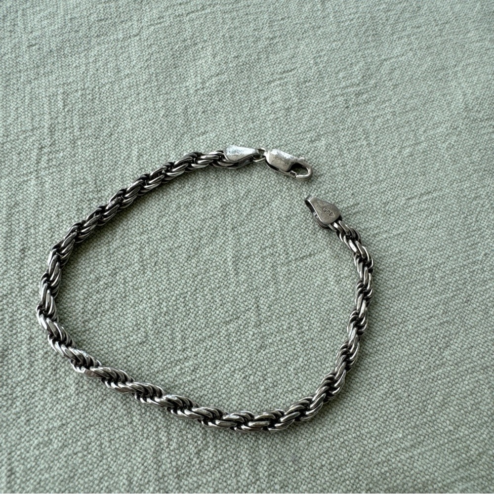 925 Silver Rope Bracelet, 7.25", 4mm, Vintage Silve
